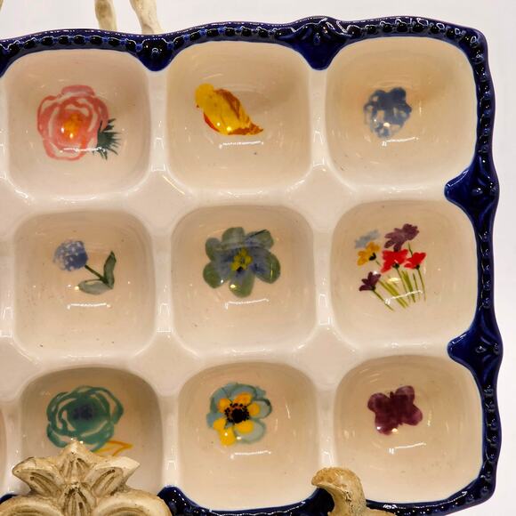 Pioneer Woman Egg Tray Celia Floral Stoneware Blue Hobnail 15-Egg Holder 6x10 - Picture 5 of 8
